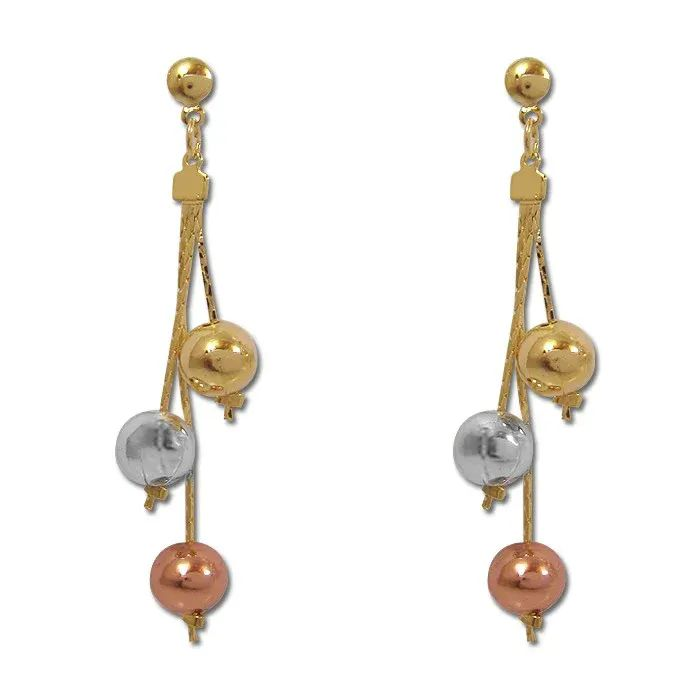 Brinco Dourado Bolas Pendentes Tricolor