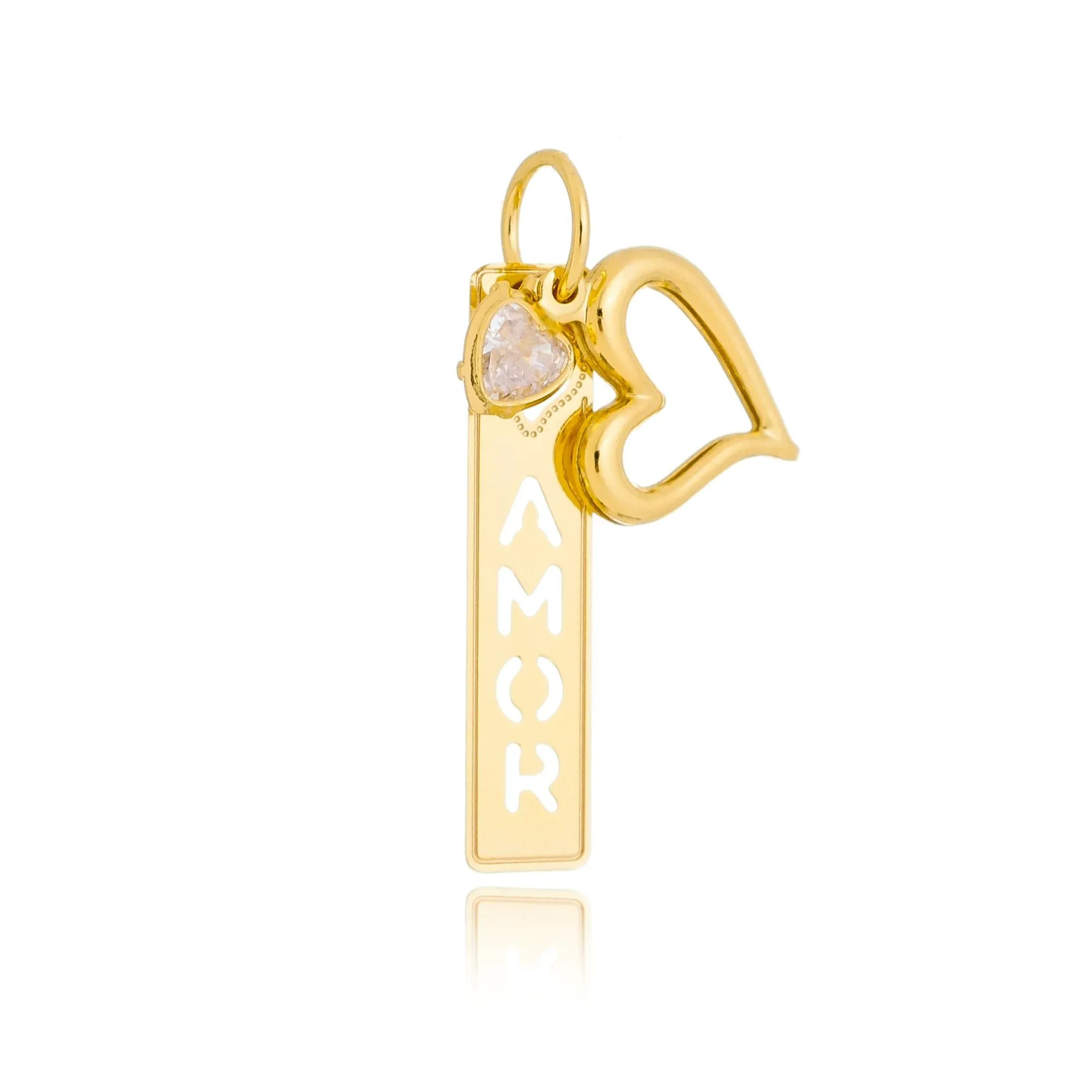 Pingente Dourado Placa Amor e Coraes