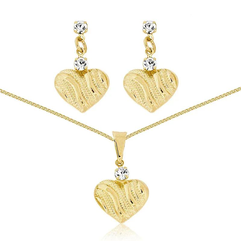 Conjunto Dourado Pingente Corao Relevo com Strass