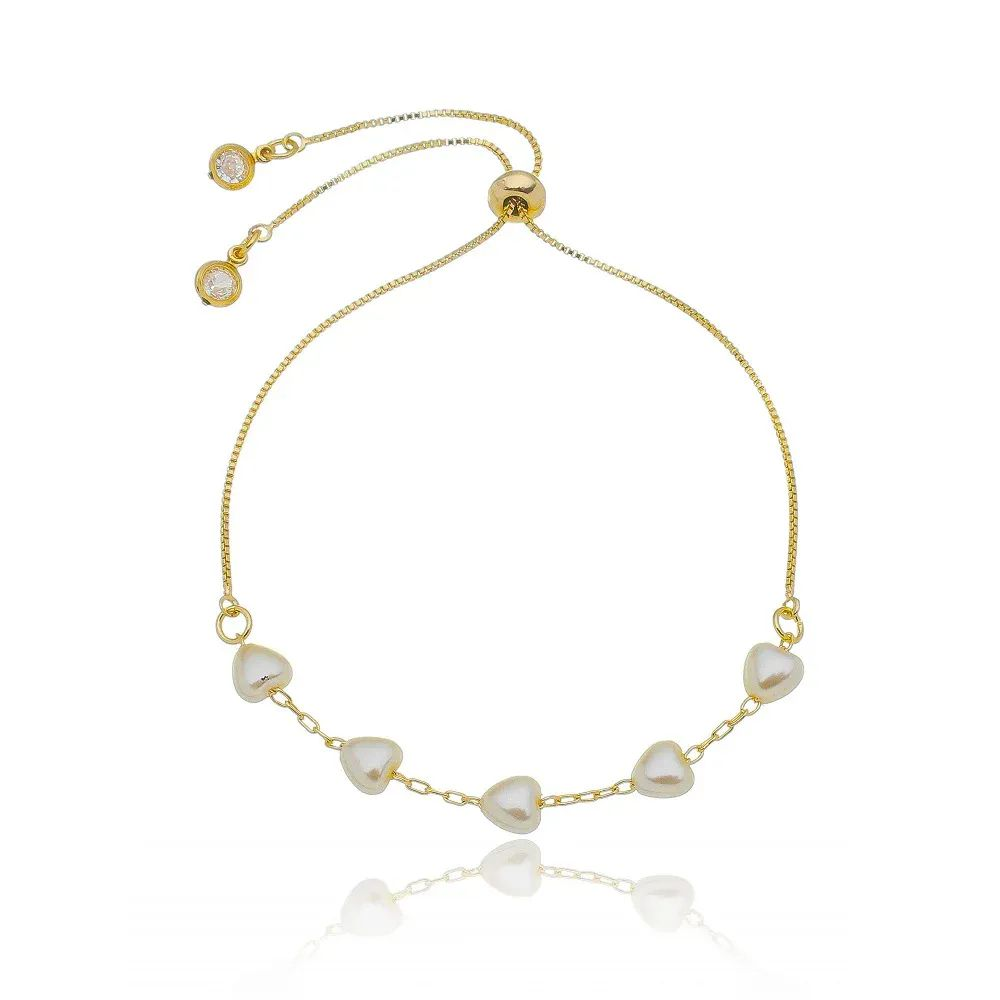 Pulseira Dourada de Regular Prolas de Corao 1cm