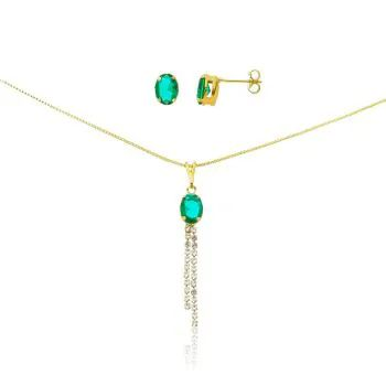 Conjunto Dourado Pedra Oval Pingente com Corrente em Strass