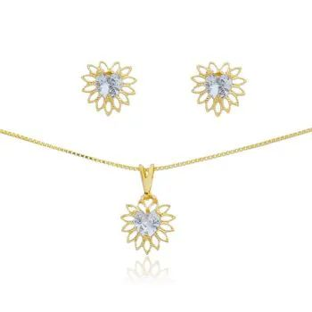 Conjunto Dourado Corao Zircnia com Ptalas