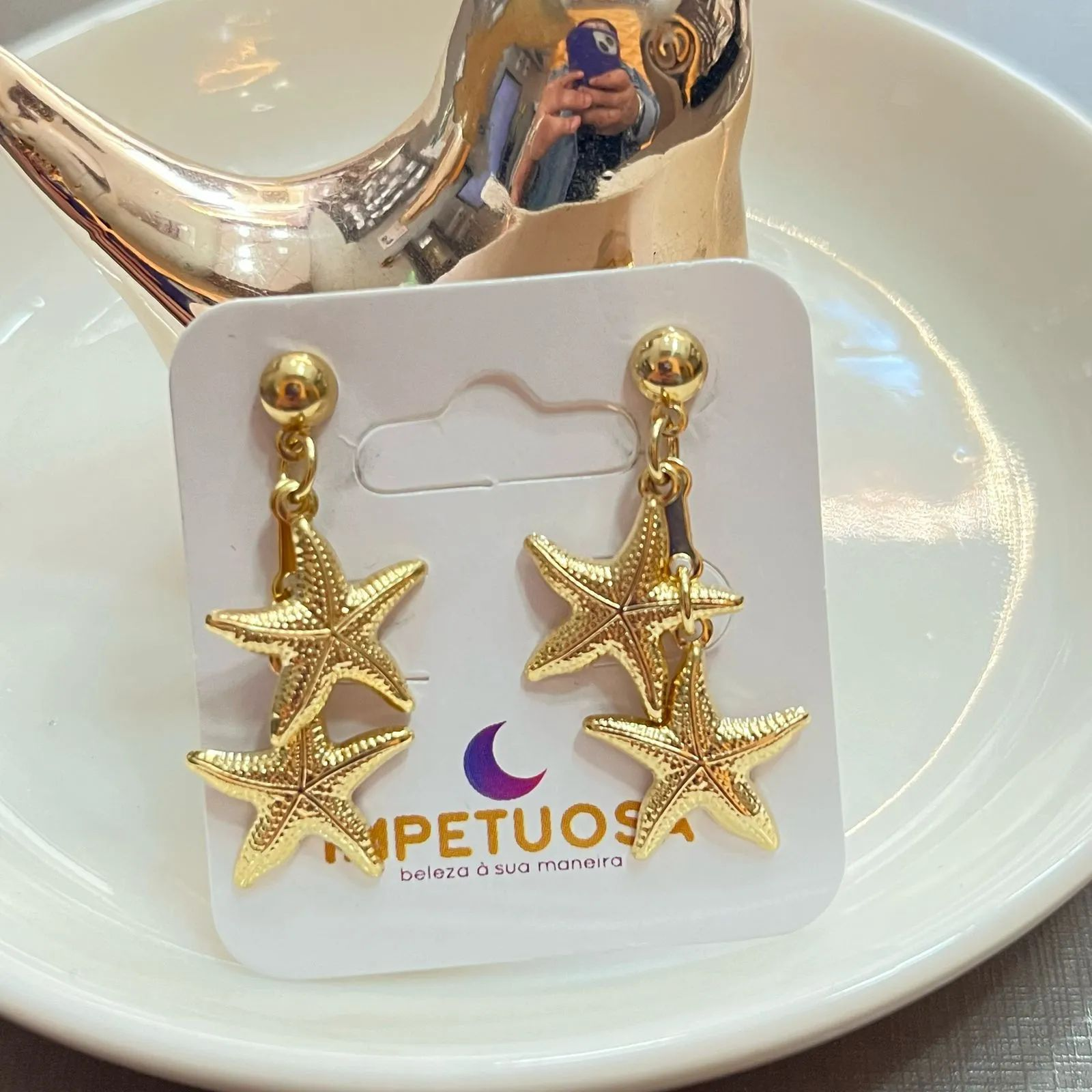 Brinco Dourado Dupla Estrela Pendurada