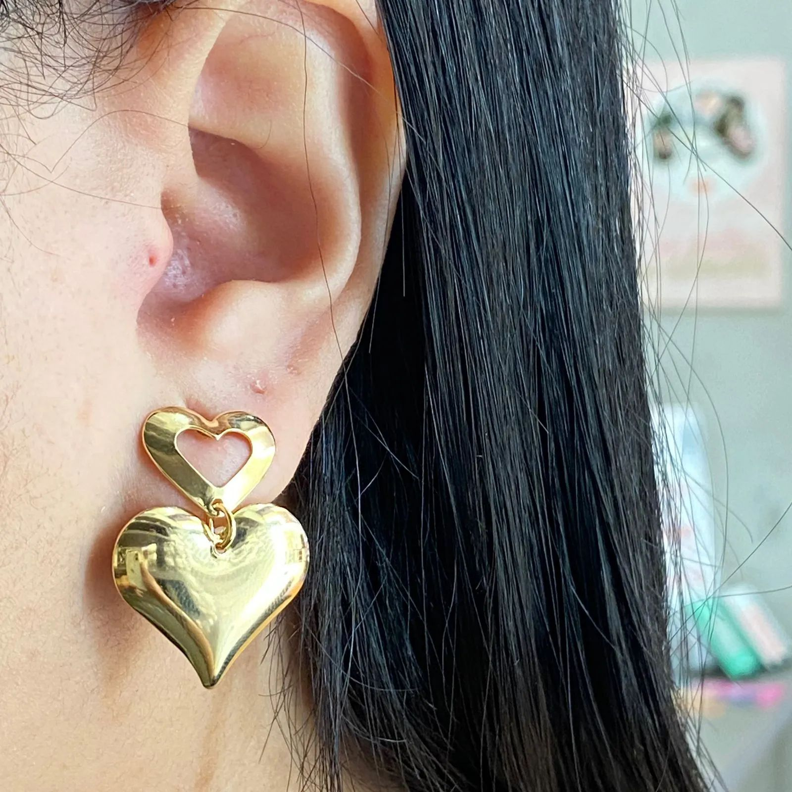 Brinco Dourado Duplo Corao