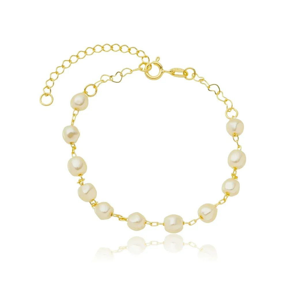 Pulseira Dourada Corrente Corao com Prolas