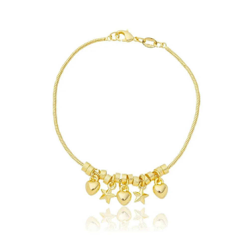 Pulseira Dourada Pingentes Corao e Estrela
