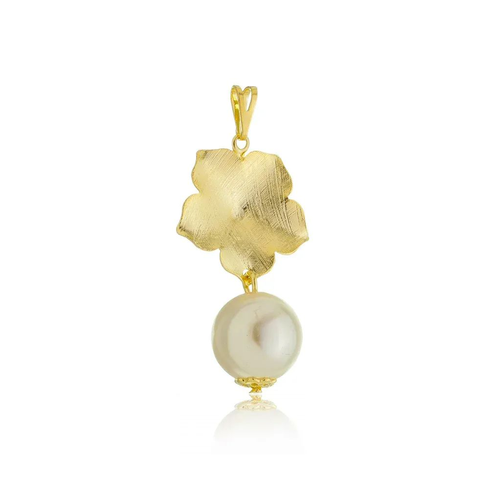 Pingente Dourado Flor Riscada com Prola