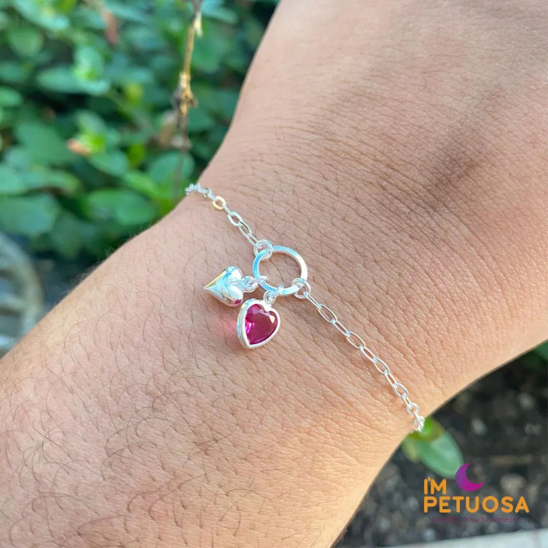 Pulseira Prata 925 Crculo e 2 Coraes