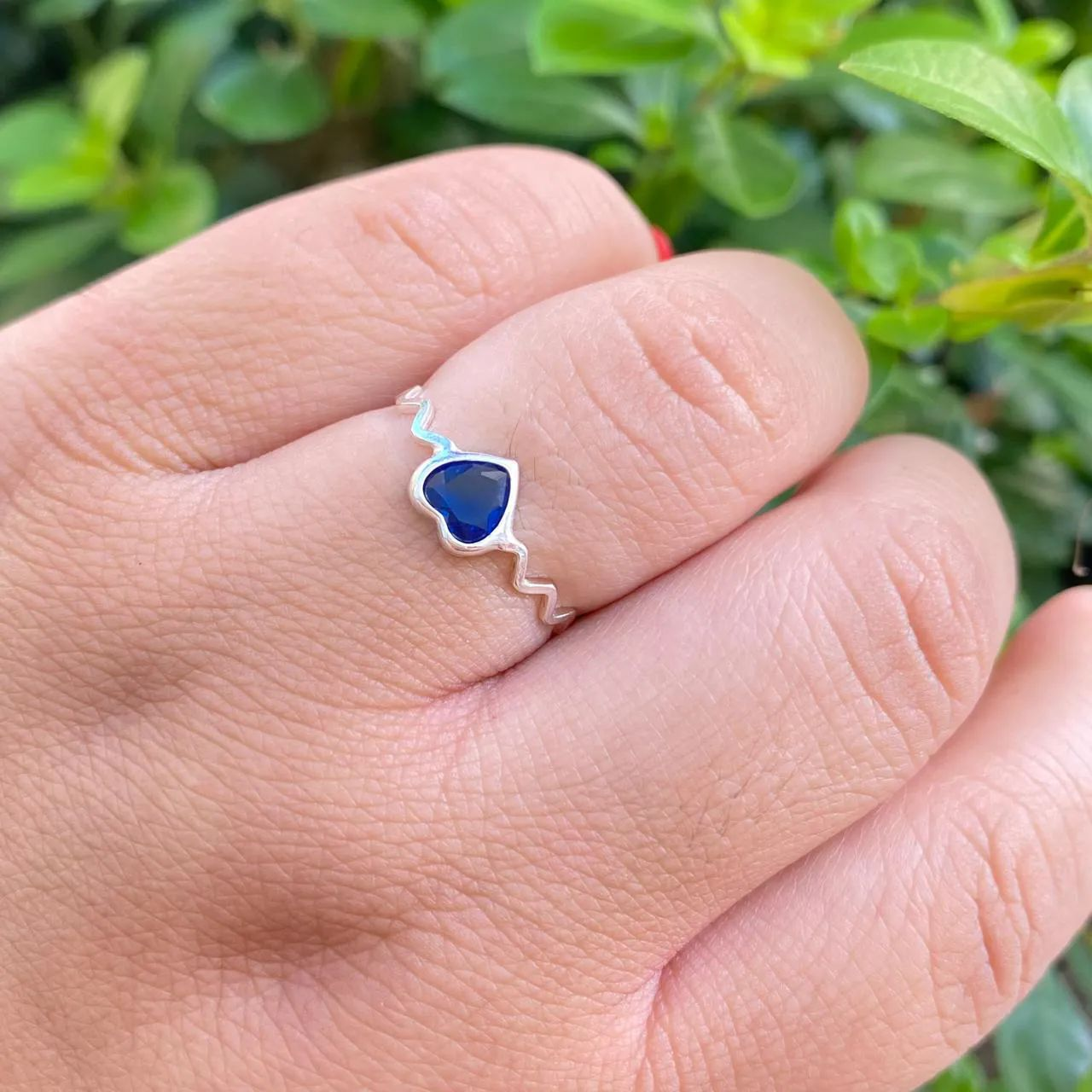 Anel Prata 925 Corao Azul Laterais ZigZag