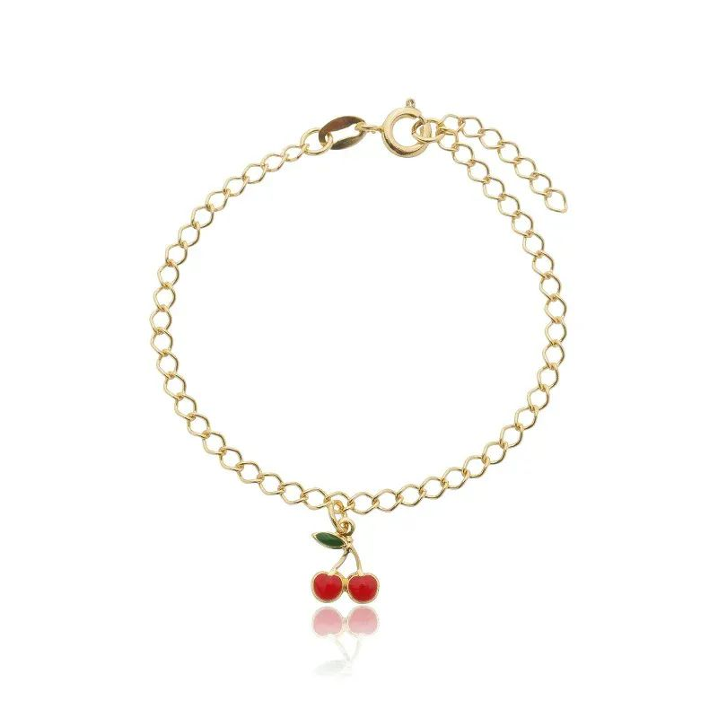 Pulseira Dourada Infantil Pingente Cereja Resinada