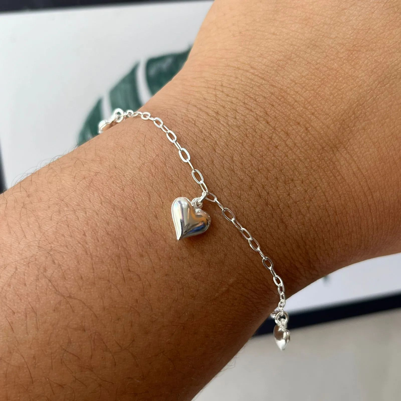 Pulseira Prata 925 Pingentes Coraes Chapeados