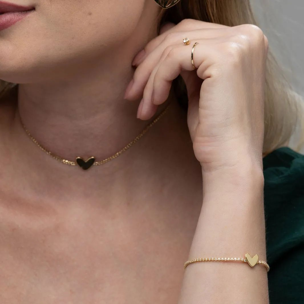 Pulseira Dourada Elo Corao e Corao Central