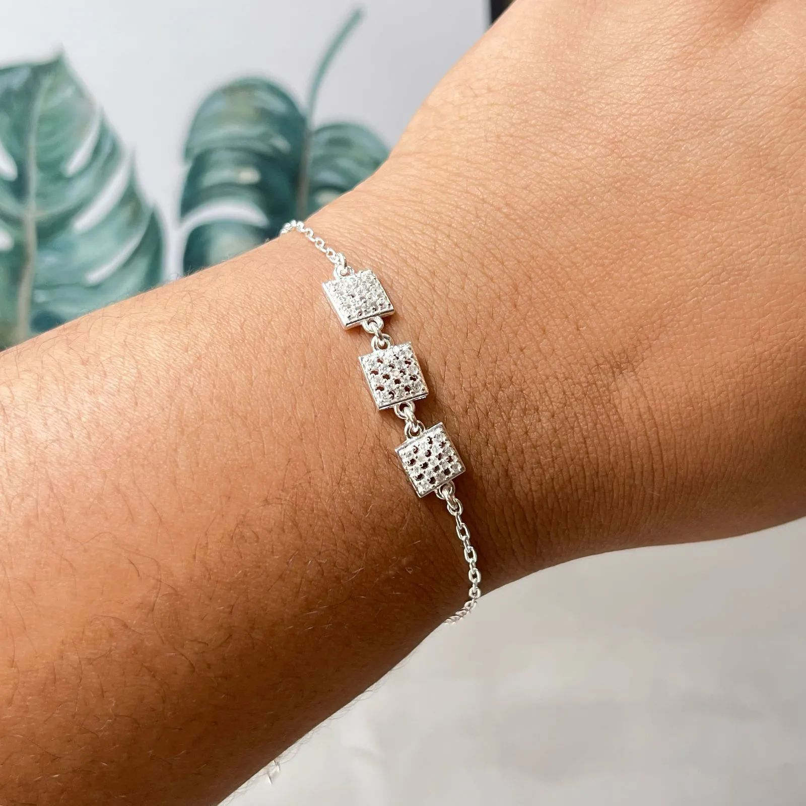 Pulseira Prata 925 Quadrados Cravejados