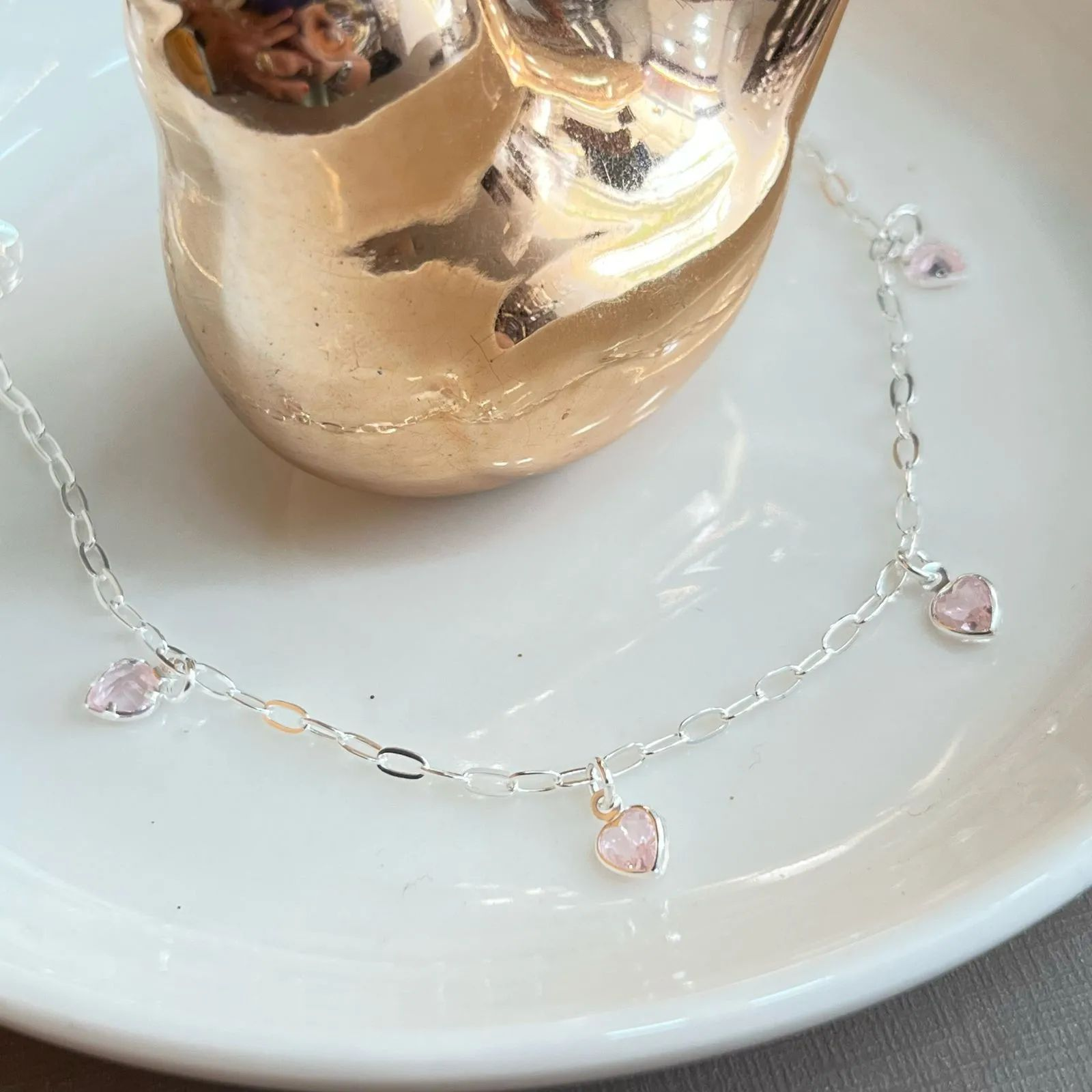 Tornozeleira Prata 925 Pingentes Coraes Rosa