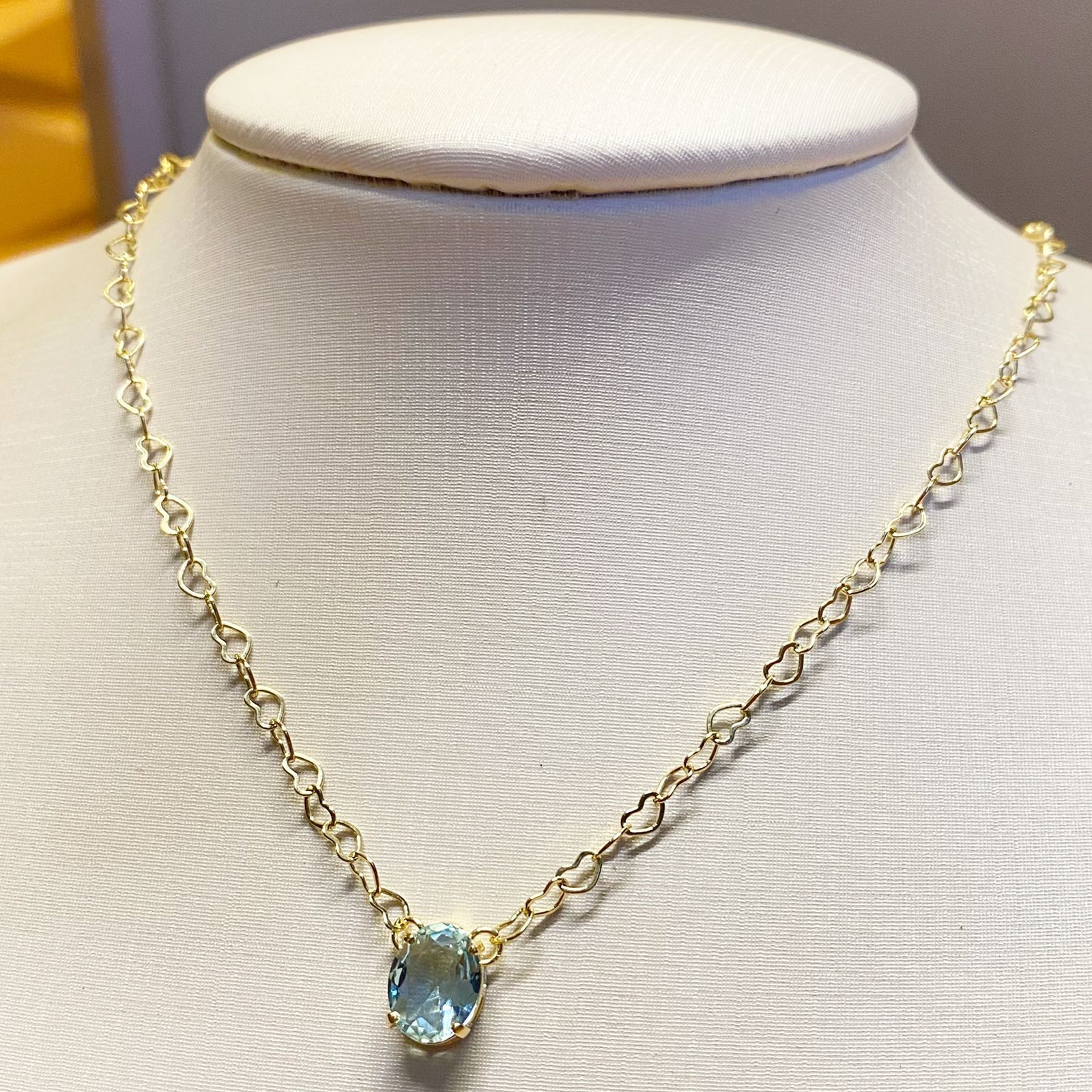 Gargantilha Dourada Elo Corao Pingente Oval Aquamarine