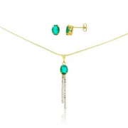 Conjunto Dourado Pedra Oval Pingente com Corrente em Strass